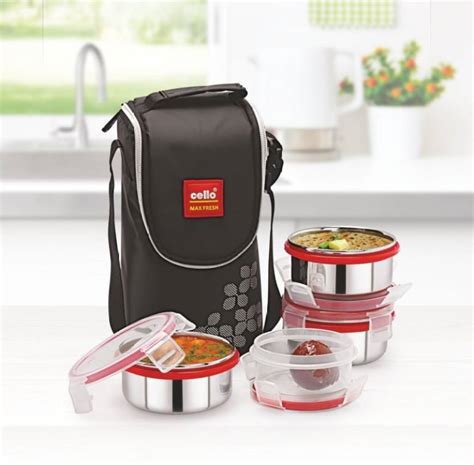 cello max fresh steel click 4 containers lunch box|Cello Max Fresh Click Steel Lunch Box Set, 300ml, .